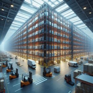 A modern warehouse equipped with the latest technology and AI